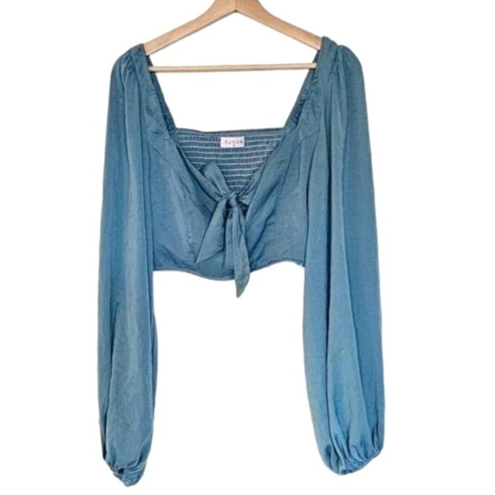 Rumor balloon sleeve Crop Top‎ Size Medium Satin Green Blue